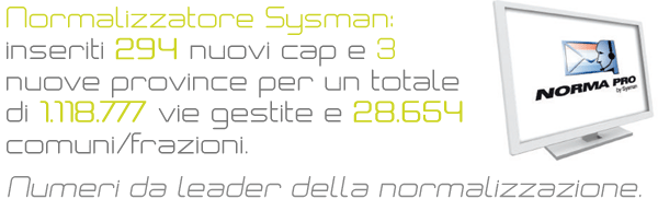 Normalizzatore Sysman: inseriti 294 nuovi cap e 3 nuove province per un totale di 1.118.777 vie gestite e 28.654 comuni/frazioni. Numeri da leader della normalizzazione.